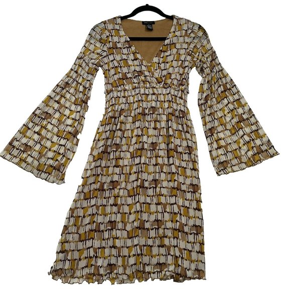 BCBGMaxazria Women's Boho Bell Sleeve Sheer Lined Mini Dress Size XS Gold Brown - Picture 1 of 11